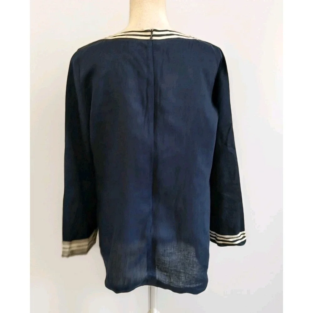Michael Kors Linen Tunic Top Navy Blue & White Trim Nautical Indian Classic Sz M